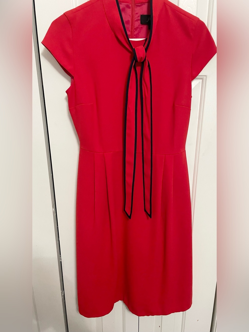 J. Crew Red Midi Tie-Neck Dress with Navy Trim